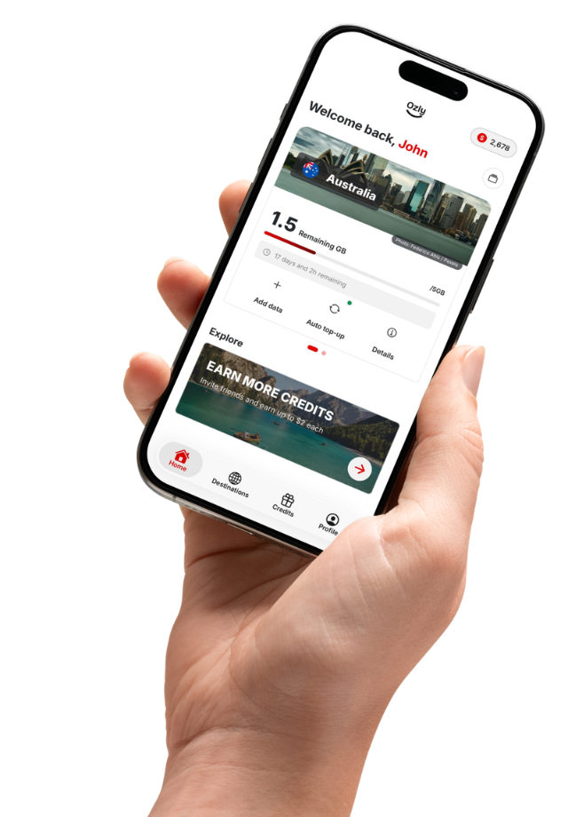 Ozly app showing an active travel eSIM